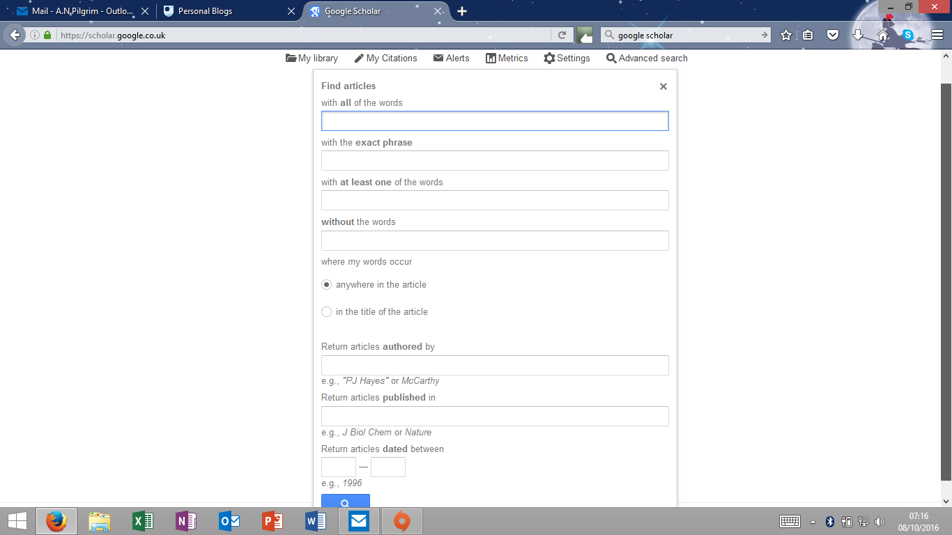 Screenshot of google scholar search terms