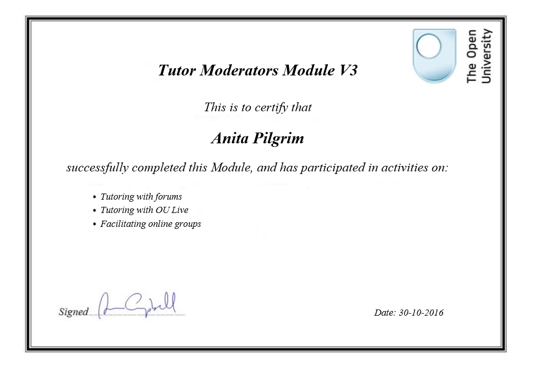 Picture of certificate for Tutor Moderators Module