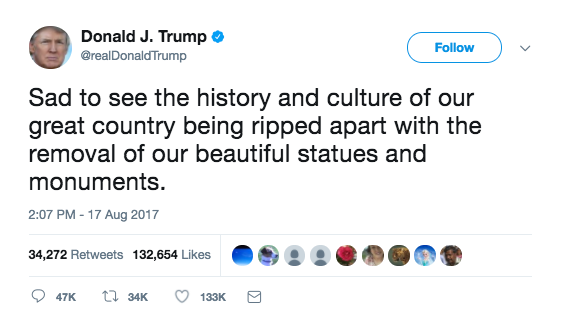 A tweet from Donald Trump dated August 17 saying he is sad about the statue of Robert E. Lee being pulled down.