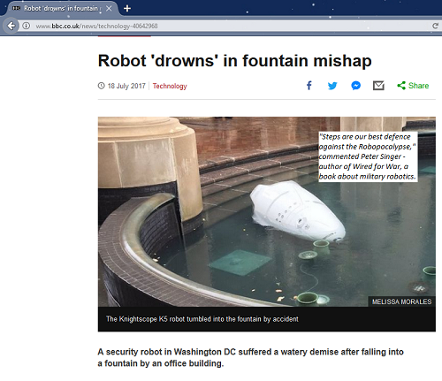 Screenshot of BBC news item: Robot 'drowns' in fountain mishap