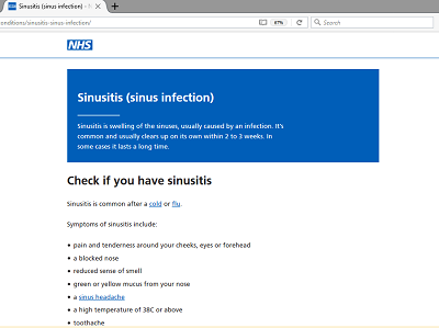 Screenshot of NHS website advice on sinusitis