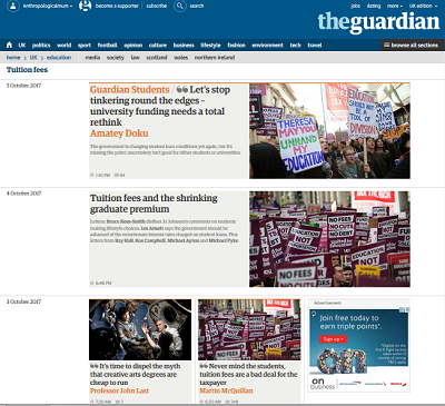 Screenshot showing set of articles about tuition fees in The Guardian