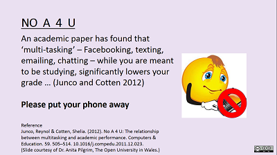 Powerpoint slide with smiley using mobile, and 'no use' sticker over it.