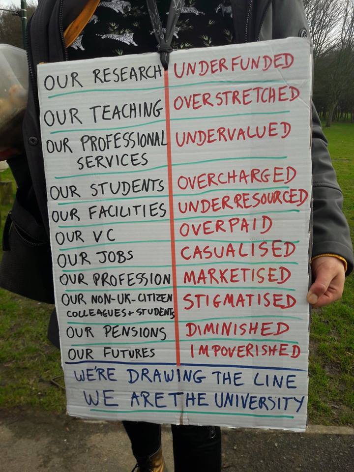 Poster with long list of issues: Research Underfunded, Teaching Overstretched ...