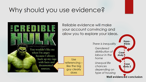 Powerpoint slide about the use of evidence, with joking picture of the 'credible hulk'.