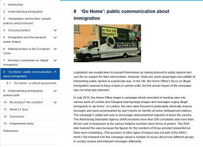Screenshot of module webpage entitled 'Go Home': public communication about immigration.