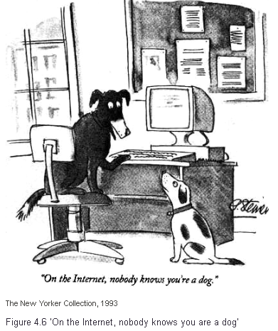 Picture of a dog at a computer, he turns to the dog next to him and says: 'One the internet, noone knows you're a dog.'
