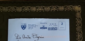 Envelope with King's College postmark addressed in handwriting to Dr Anita Pilgrim