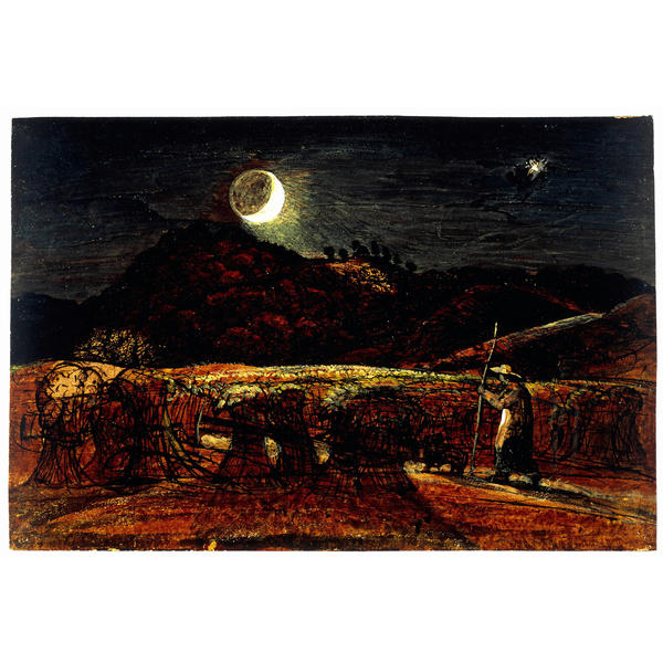 Painting of a cornfield by moonlight.