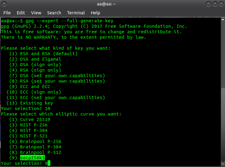 generating a cryptographic keys pair using the application GnuPG
