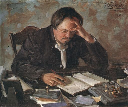 Oil painting of a man at desk writing in a notebook with a fountain pen