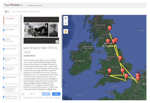 Google Tour Builder telling John Wilson MMs WWI story from DLI, to MGC to RFC and the RAF