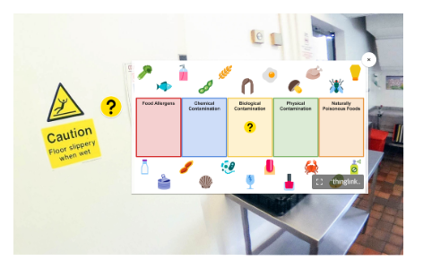 A cropped part of a 360 image in a catering kitchen with hot spots showing an interactive learning activity