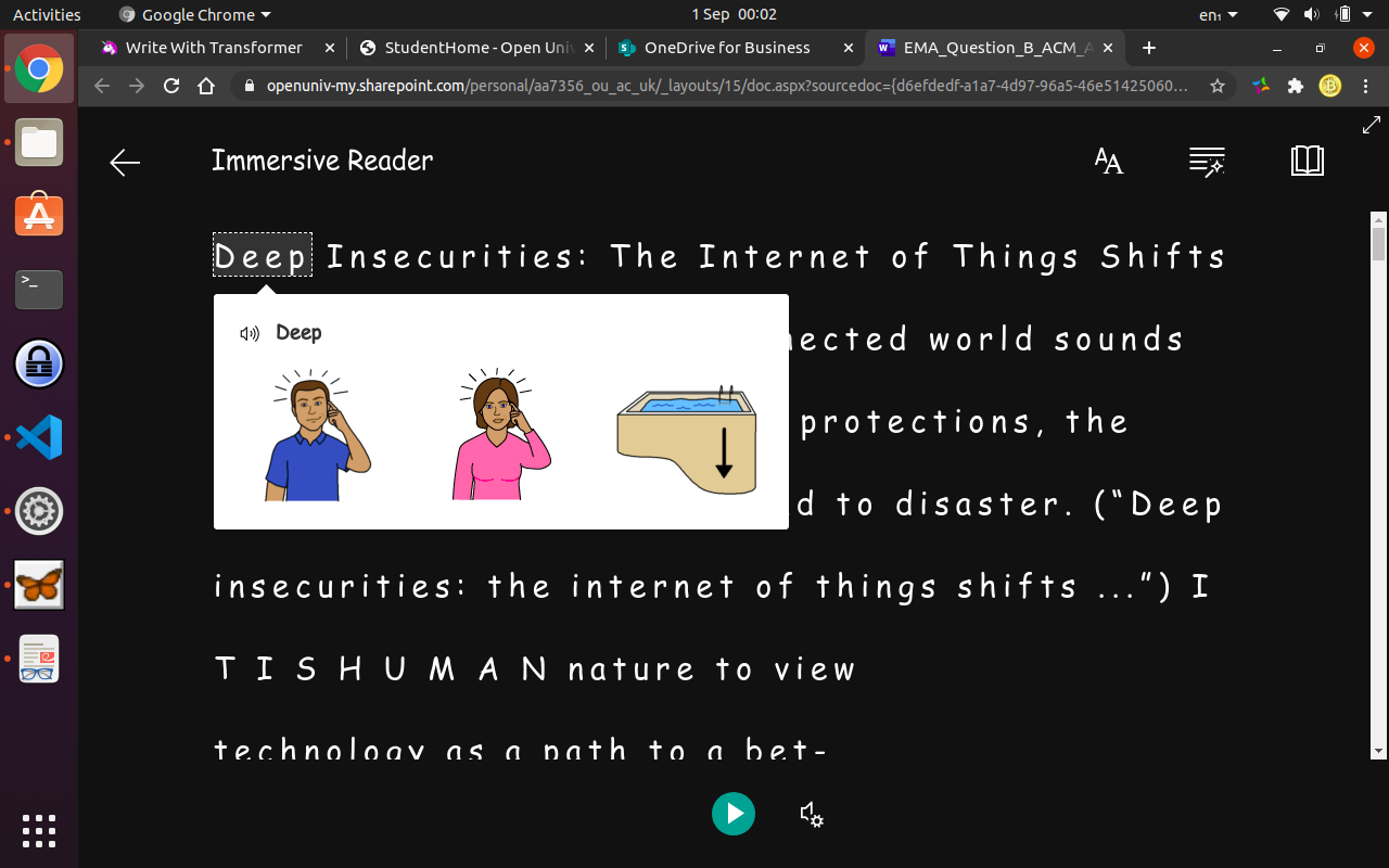 print screen showing of microsoft world on imersive reading mode