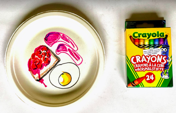 A Crayola-drawn plate of food on a paper plate