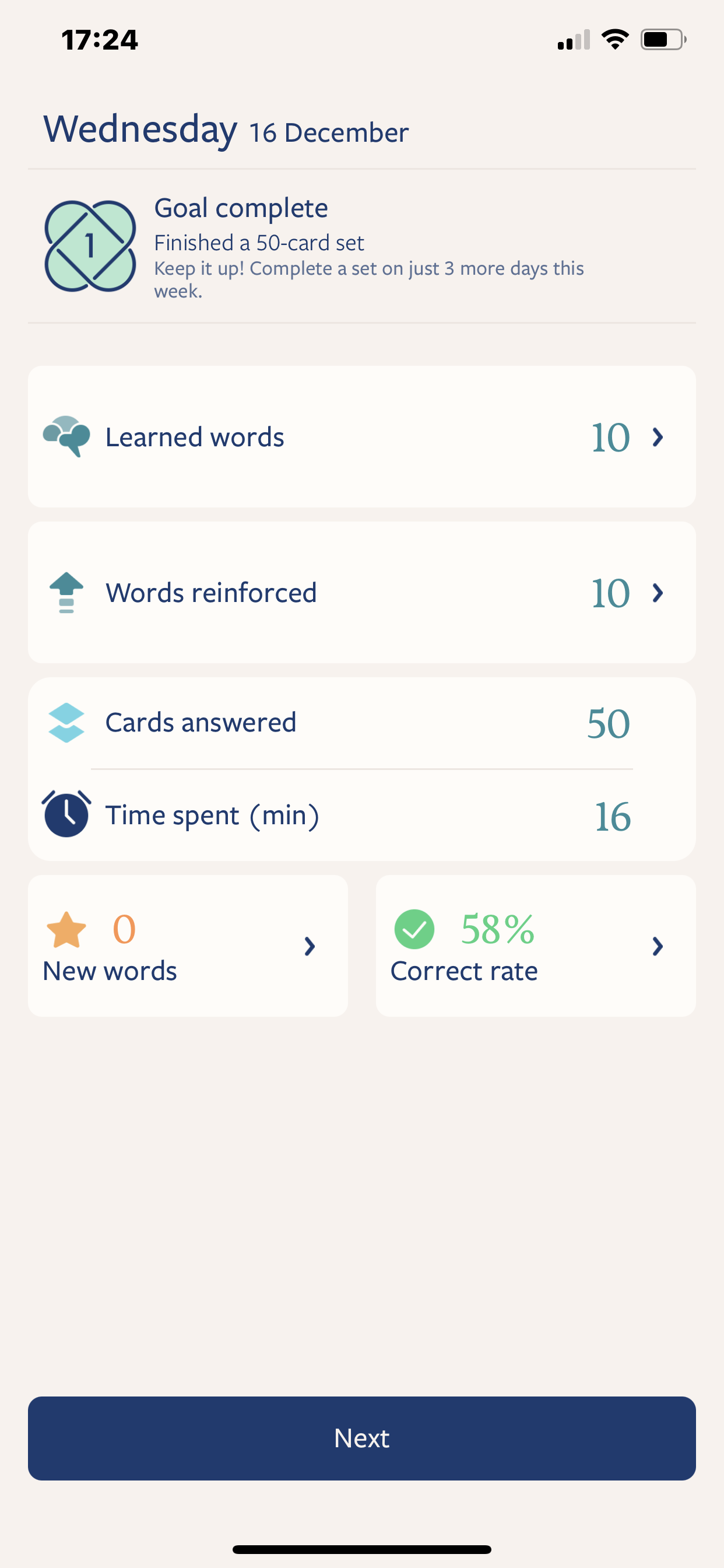 Screenshot of Lingvist language learning dashboard.