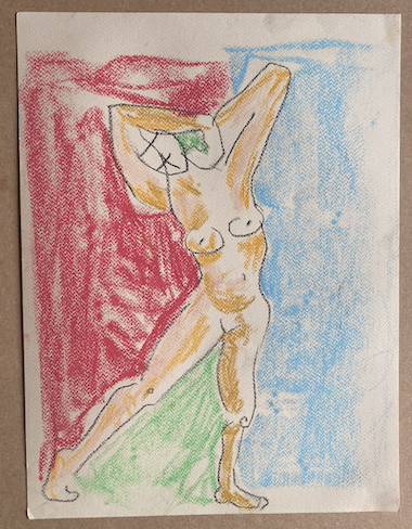Single pose with twisted arms. Duncan Grant or Matisse Influenced. Charcoal pencil then oil pastels on paper.