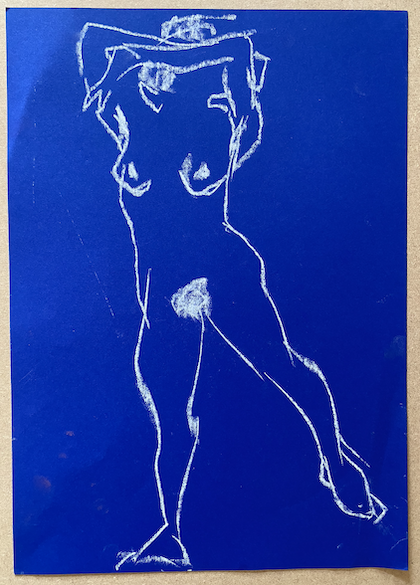 Francesca in my favourite pose from the morning's session. White charcoal on blue paper.