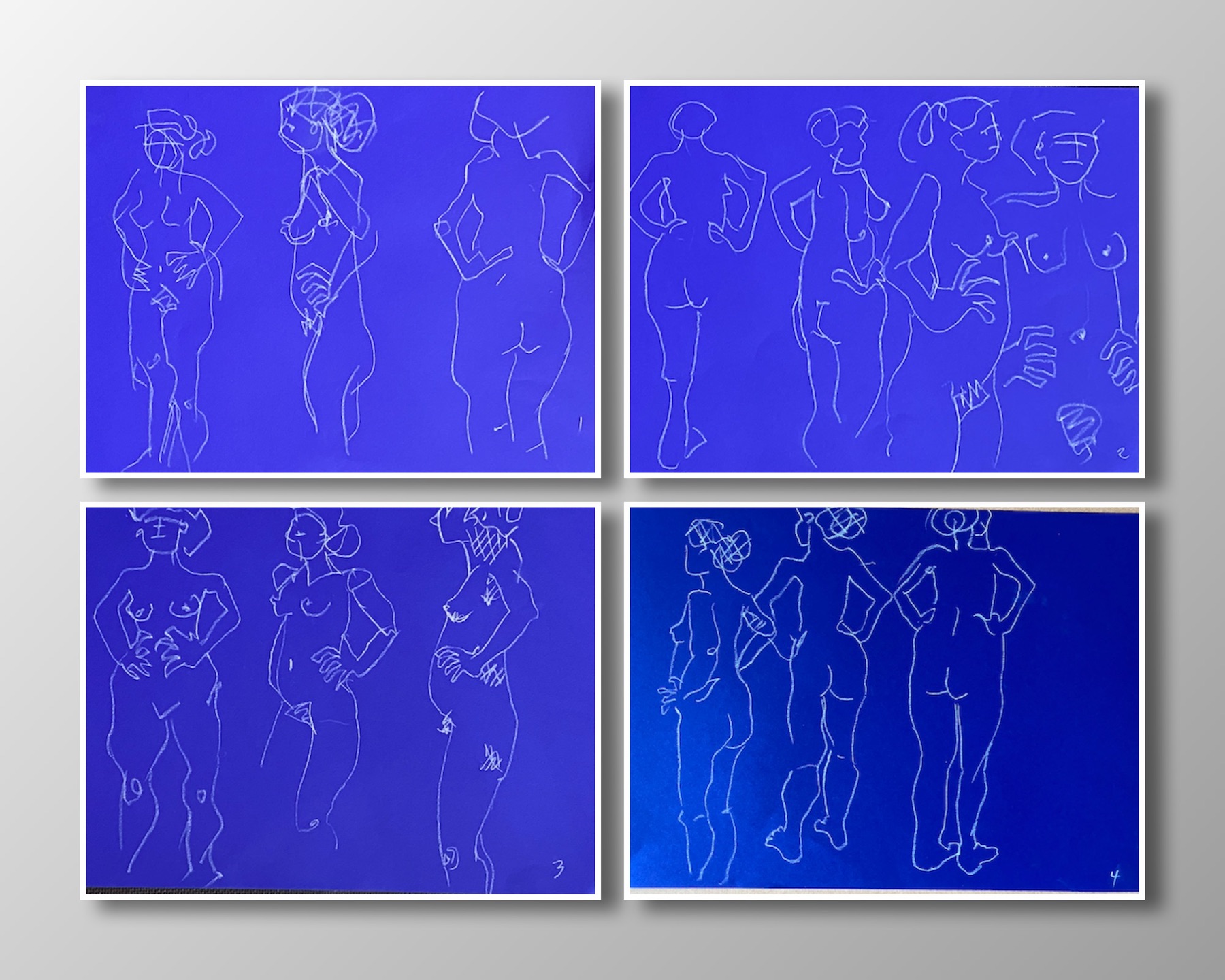 A selection from six 'white charcoal on blue paper' as an exercise in capturing a set of poses from different angles.