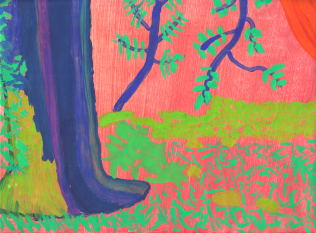 Painting of a mossy beech tree in pink sunset