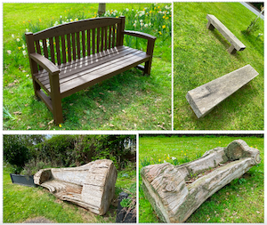 A collection of benches: traditional, pine log and oak timber.