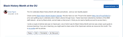 Screenshot of a forum thread entitled Black History Month at the OU.