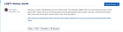 Screenshot of forum thread entitled LGBT+ History month.