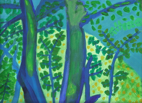 blue green painting of trees