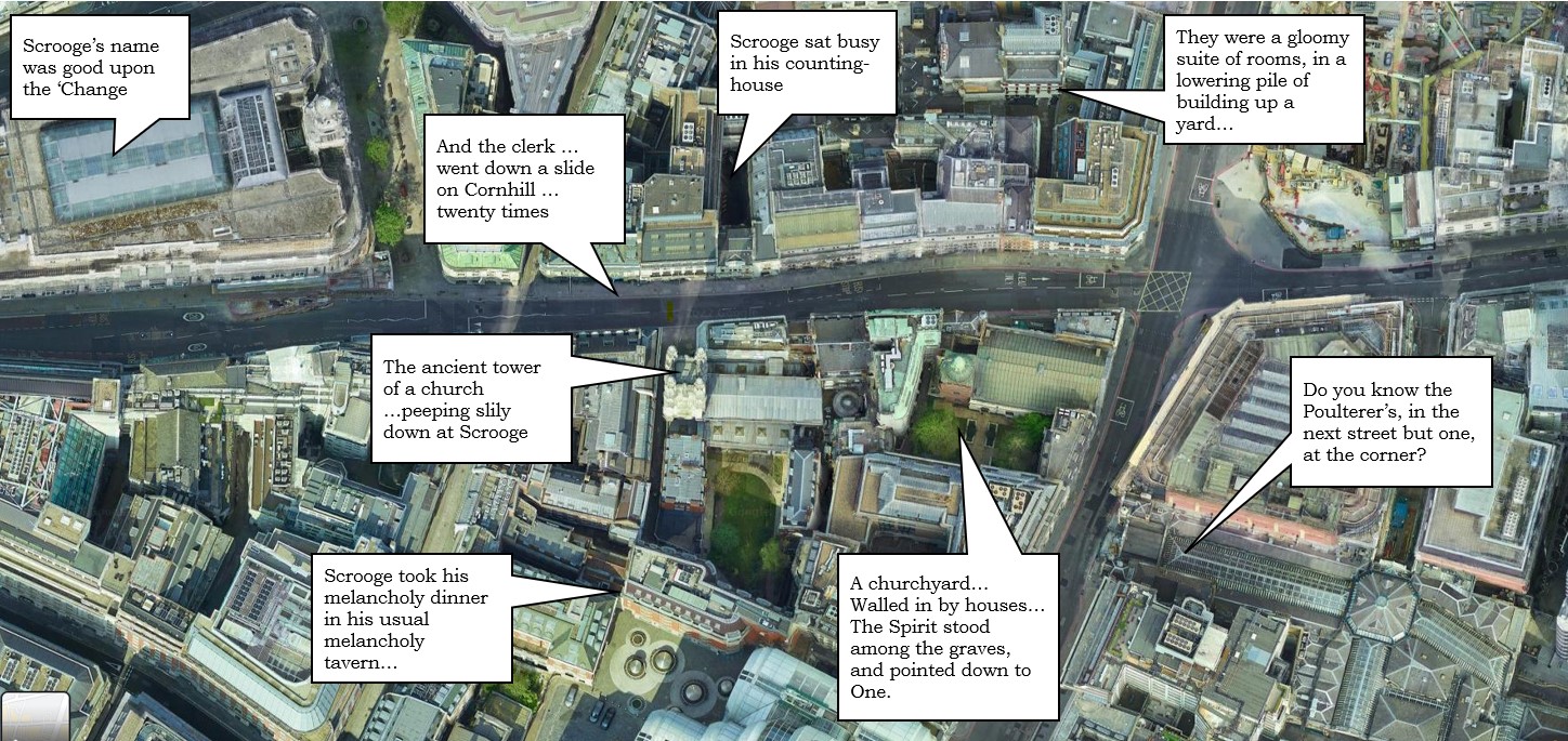 Aerial view of Cornhill area of London, with possible locations for settings within A Christmas Carol