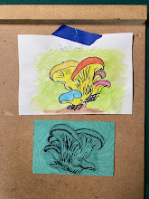 A multi-coloured sketch of a group of oyster mushrooms and the black and white hand print of the same