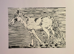 A linocut print of a horse