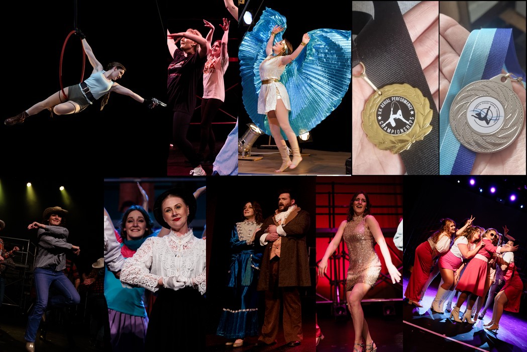 A collection of performing arts images, and a gold and silver medal