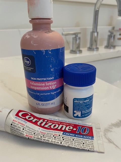 A bottle of calamine lotion, tube of cortisone cream, and tub of antihistamine pills