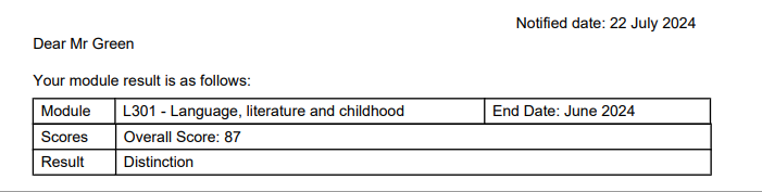 L301 module results for Santari Green. Shows that a distinction has been awarded.