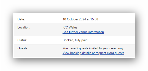 Confirmation of degree ceremony booking at the International Convention Centre, Wales, on 18th October 2024.