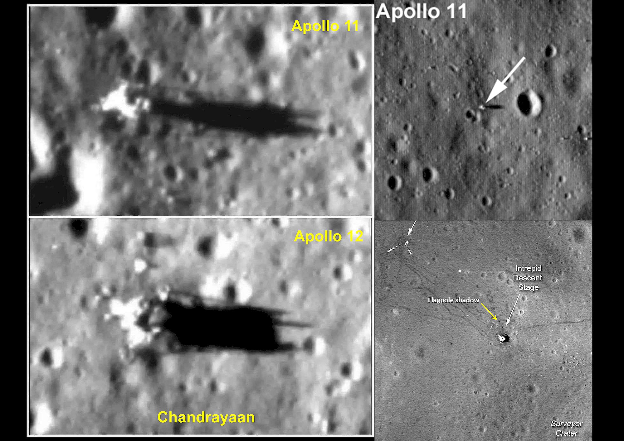 A comparison of the Apollo 11 and Apollo 12 landing sites, photographed from lunar orbit by ISRO and NASA probes.