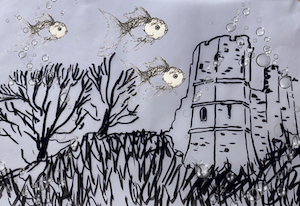 A drawing of Lewes Castle and mound ... with three goldfish.