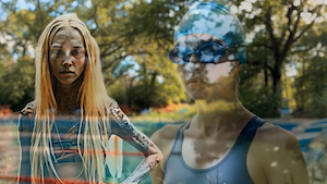 A merged photograph showing the transformation of a grunge girl from the woods into a competitive swimmer.