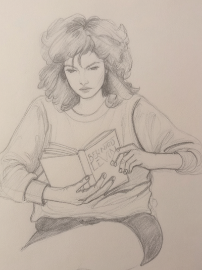 A sketch of a young woman reading a book.