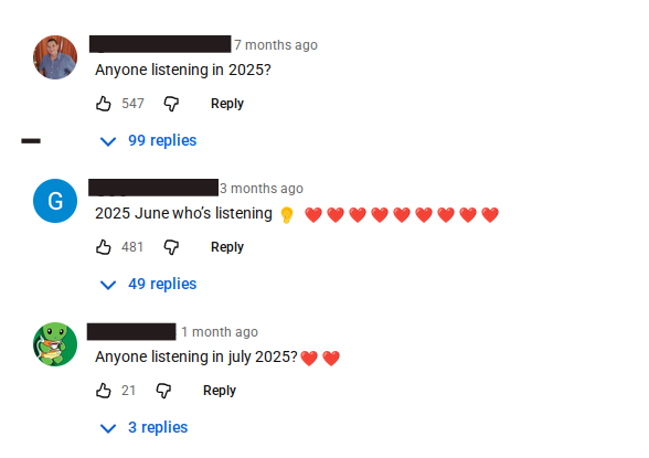 Three comments from a YouTube video asking who is listening