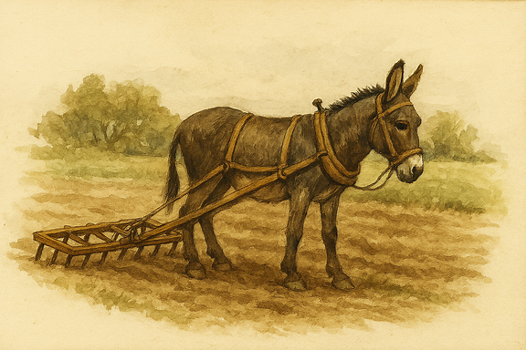 Create an image of a harrow being pulled by a donkey across a field