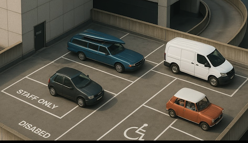 Cars and vans are parked on an imagined nightmare of a rooftop car park where you can't get on or off the roof.