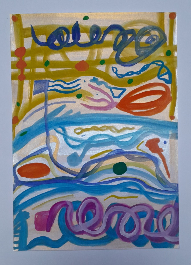 An abstract depiction of waveforms in blue, purple, gold, silver, and violet, woth an oceanic theme.