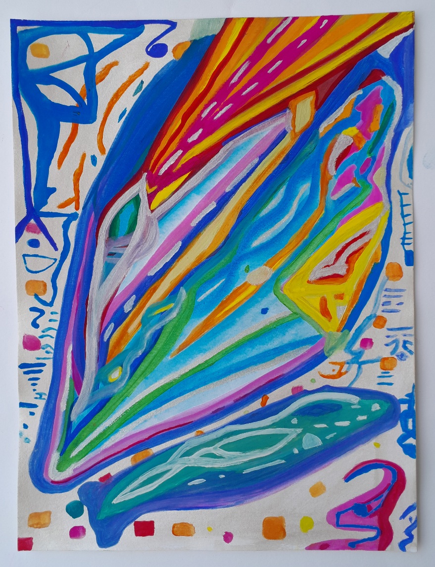 An abstract depiction of an interstellar visitor. Silver background with blue, red, yellow, orange, violet shapes