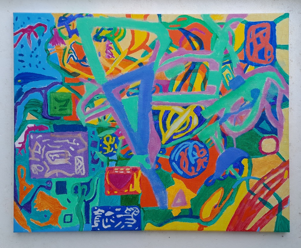 A colourful abstract painting that is a bit like gradfiti