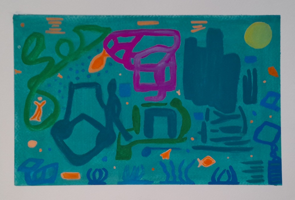 An underwater scene in blue and green with abstract forms, coral, and fishes.