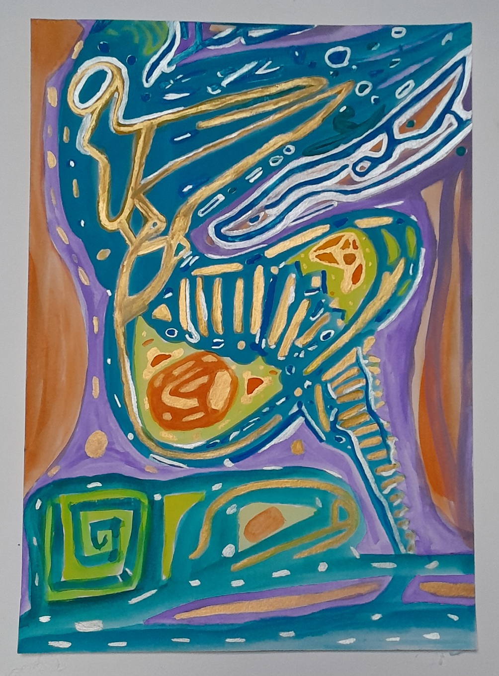 Absteact in silver, gold, blue, orange, green, yellow, and violet