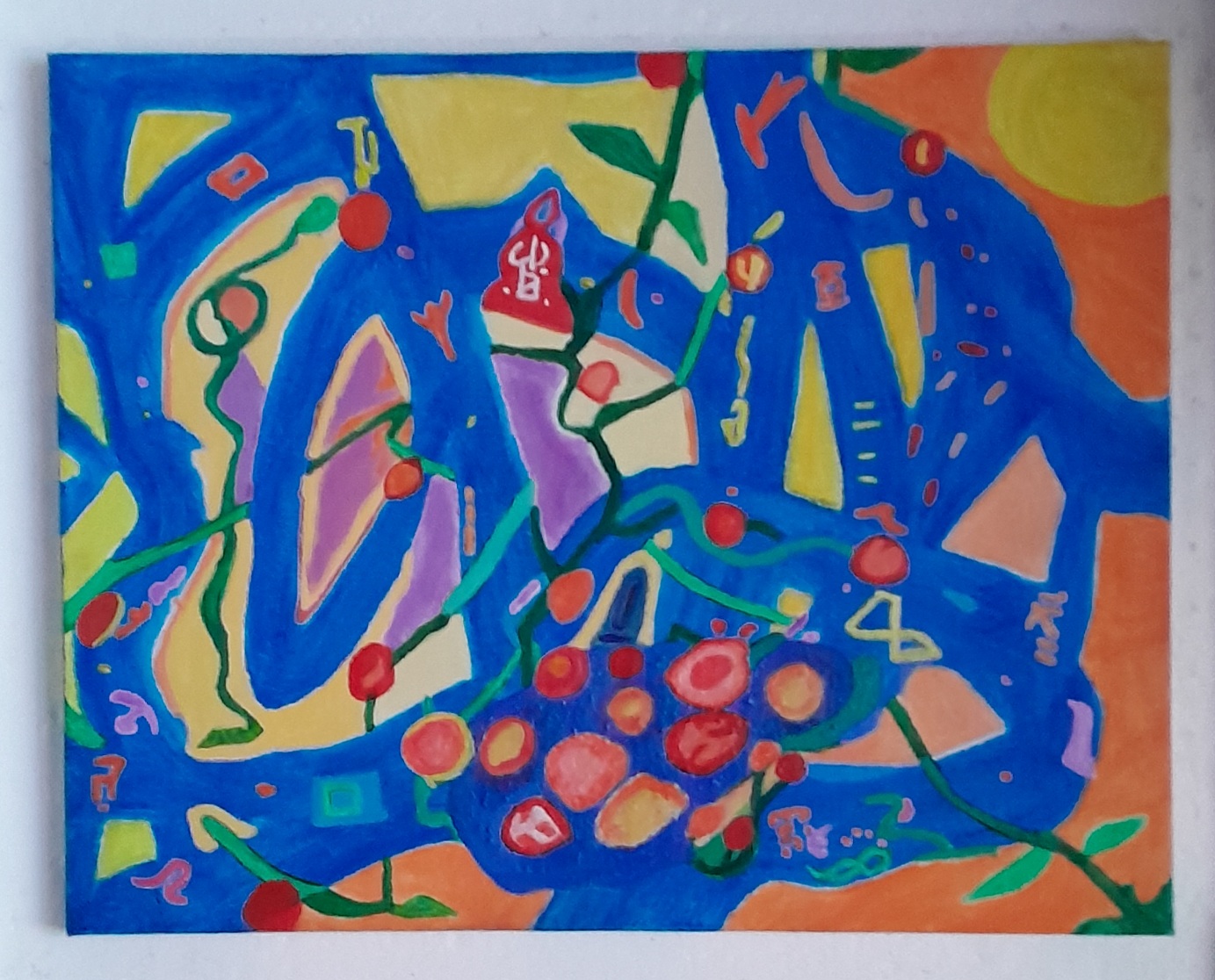 A colourful painting in blue, red, yellow, prange, and green