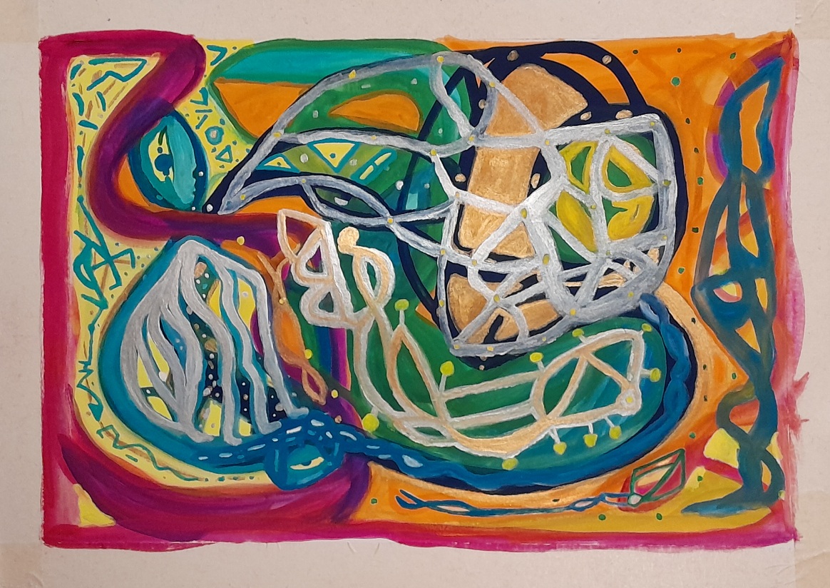 Abstract graffiti-style painting with interwoven flowing formations in orange, red, violet, green, yellow, and blue. Features shimmering gold and silver accents and rhythmic, otherworldly shapes reminiscent of dancing beings on a vibrant, kinetic background.