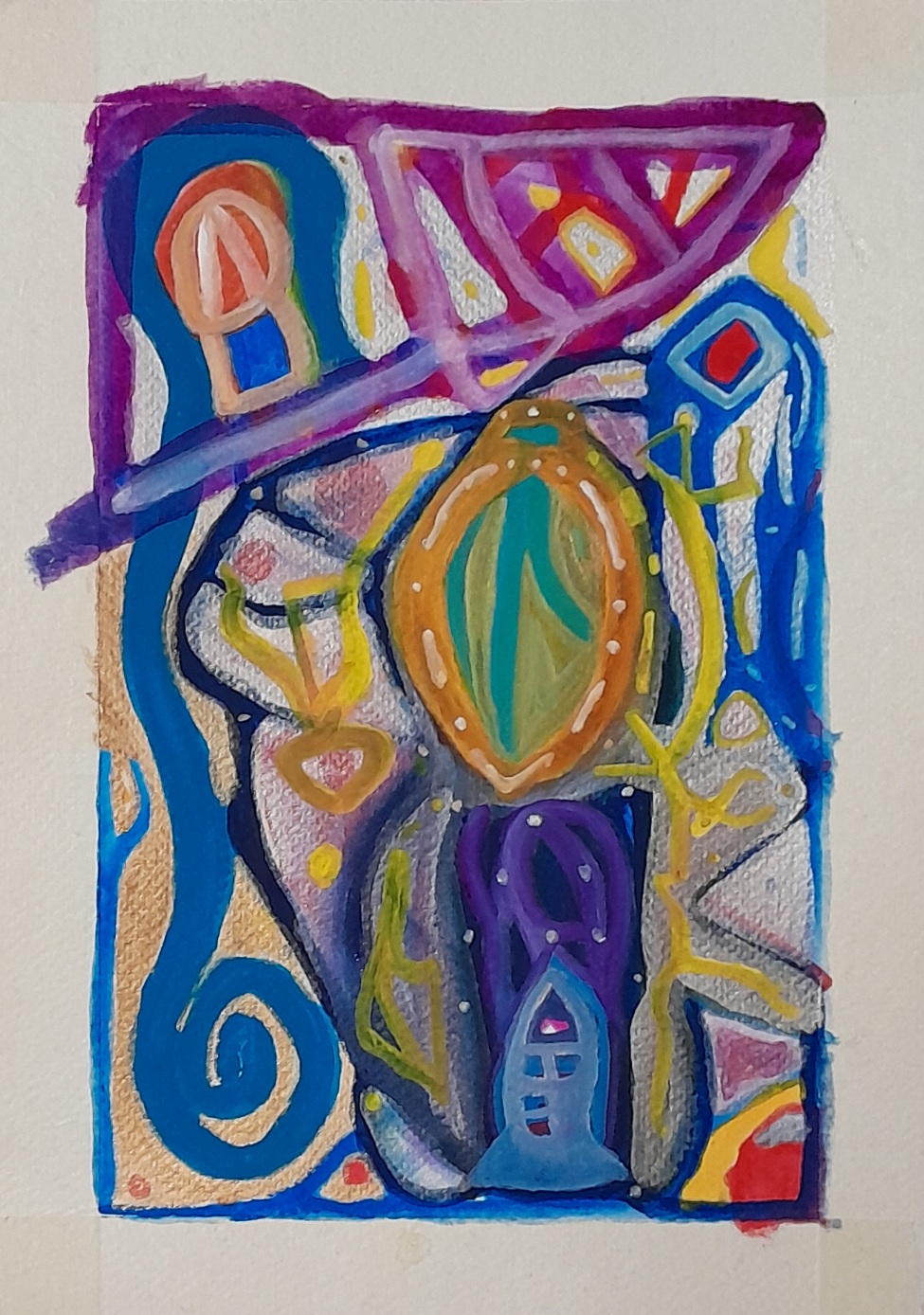 A colourful blue, potrait hung abstract painting, with shimmering violet, gold and silver.